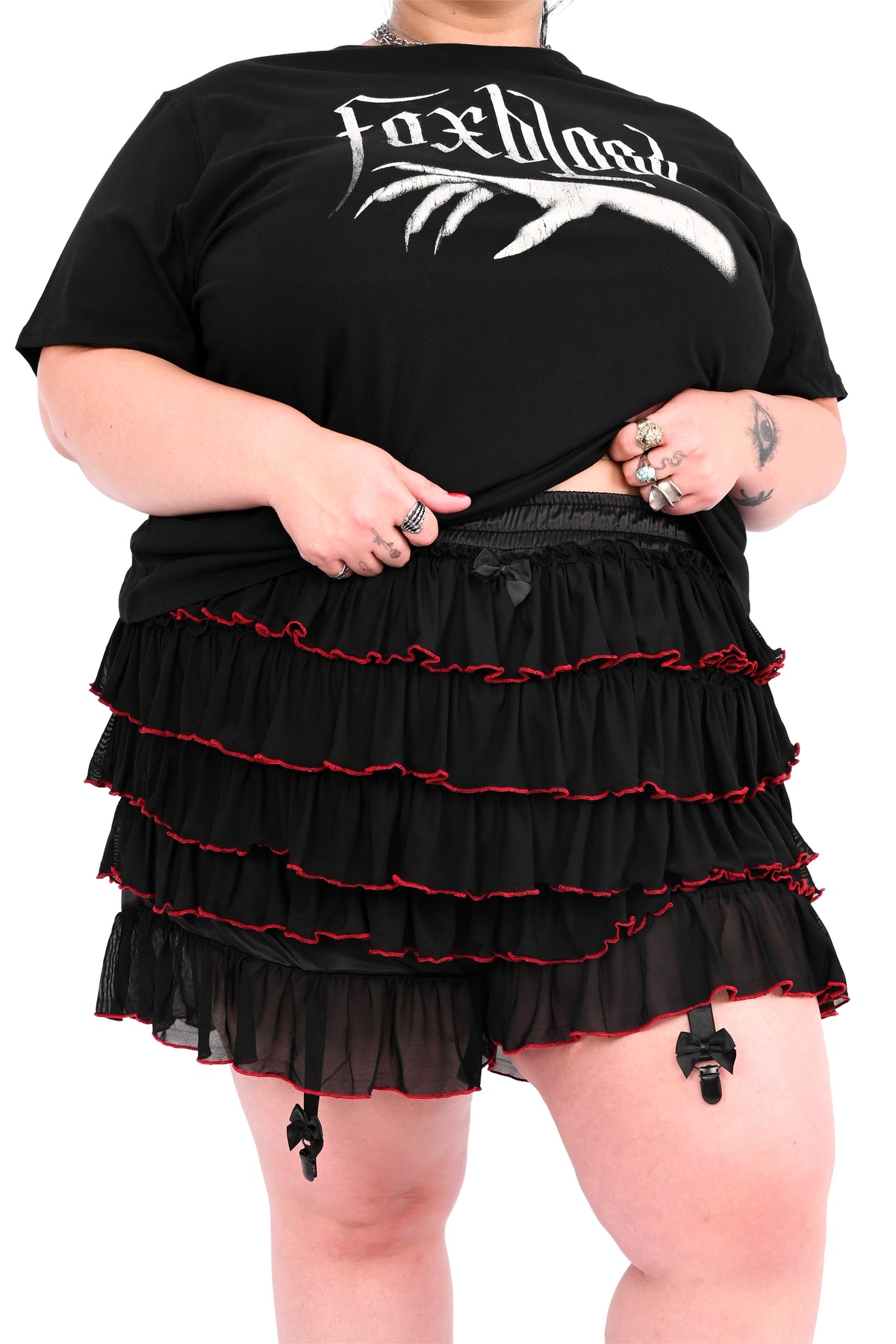black and red mesh ruffle bloomers with garters