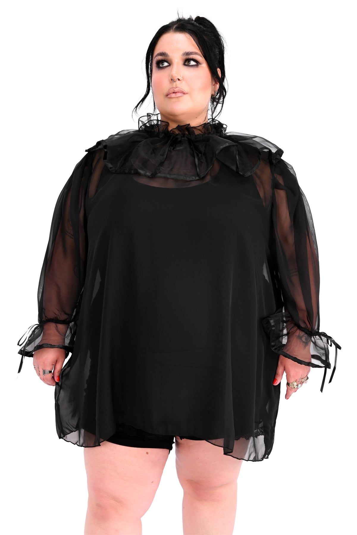 black chiffon babydoll tunic with a dramatic collar and cuffs
