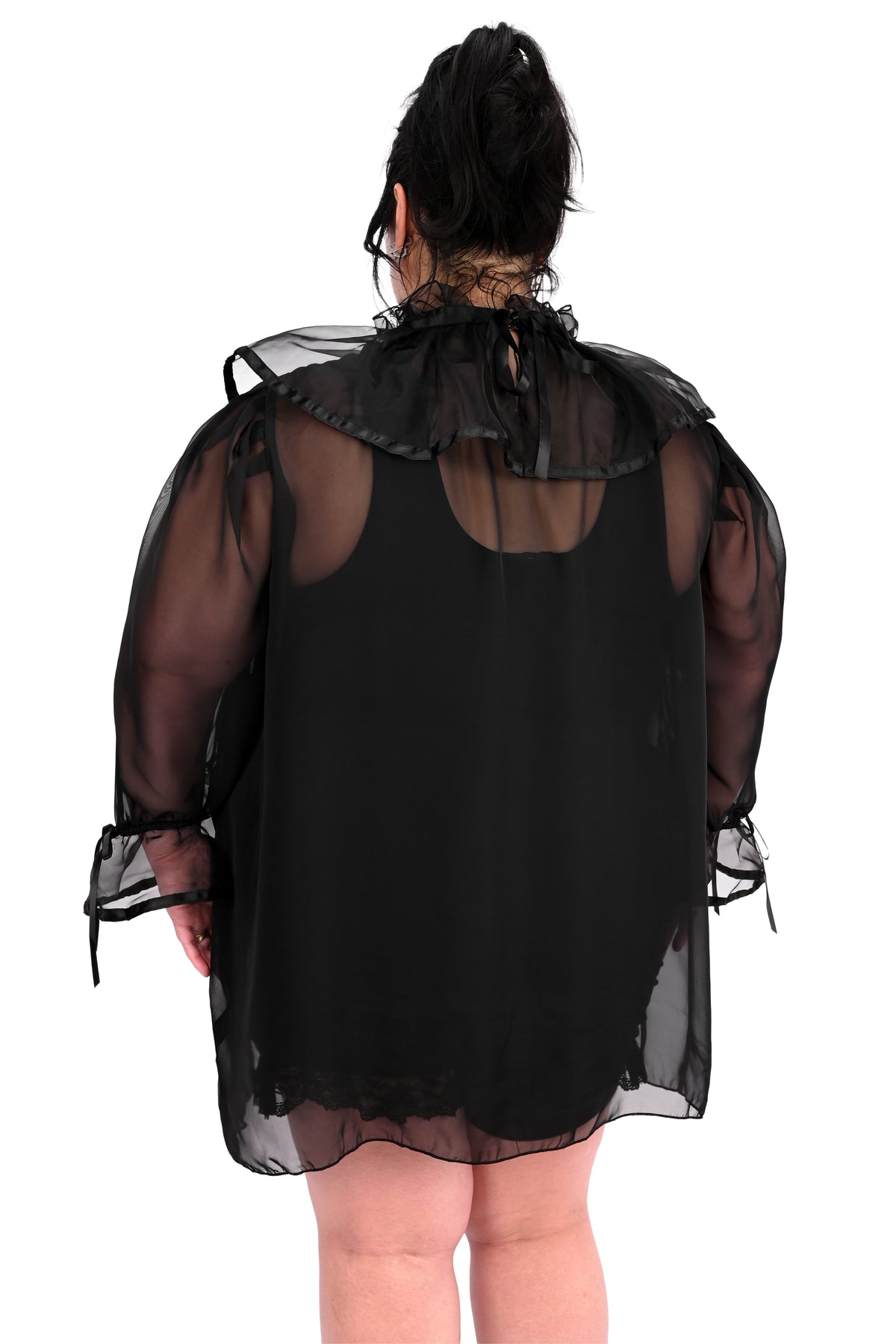 black chiffon babydoll tunic with a dramatic collar and cuffs