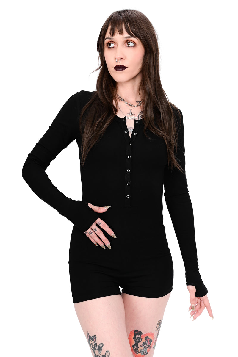 Black long sleeve bodysuit with snap henley buttons and thumbholes