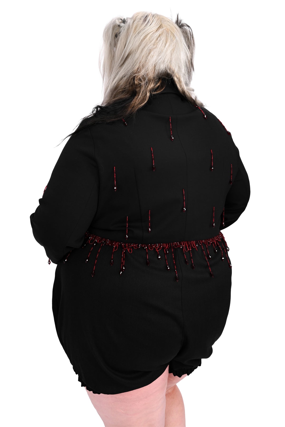 black blazer with red beaded blood drip trim