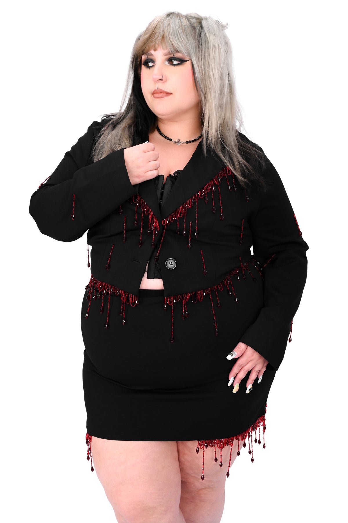 black blazer with red beaded blood drip trim