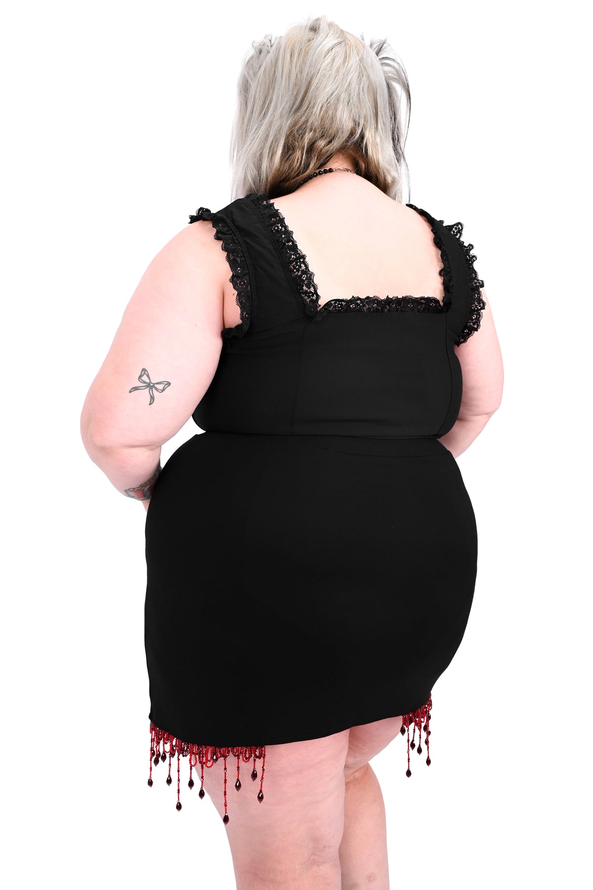 black high waisted skirt with red beaded blood drip trim