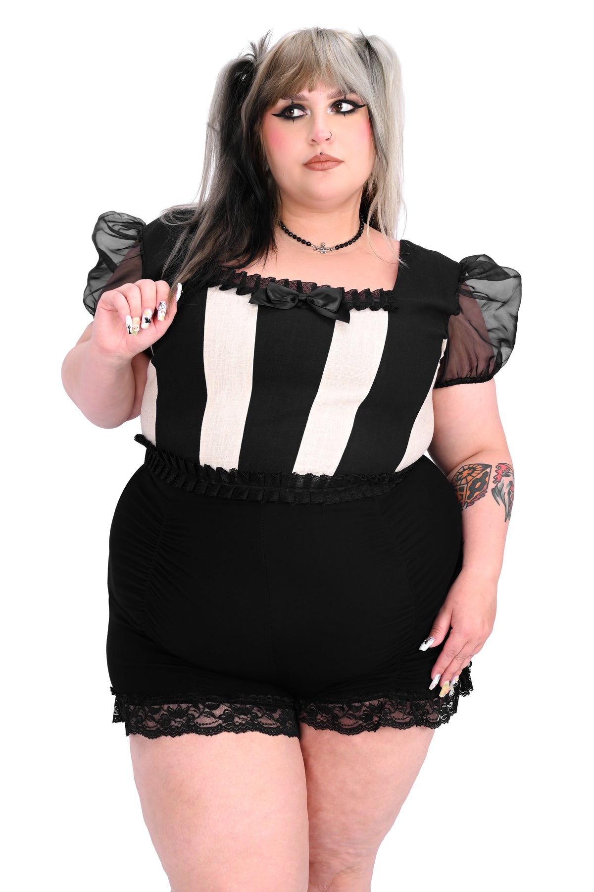 black and off white striped corset top with organza puff sleeves