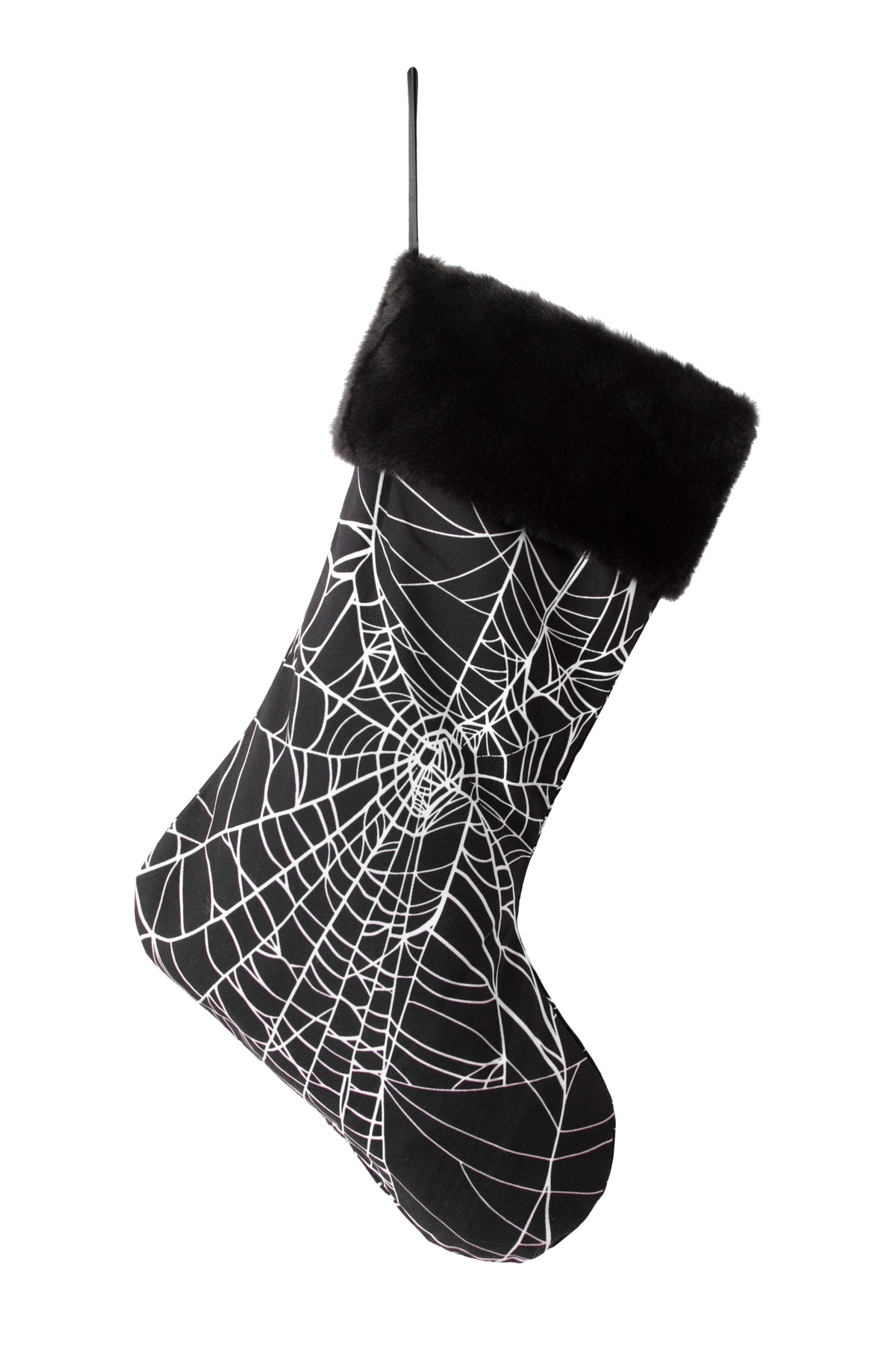 black holiday stocking with white cobwebs design and faux fur trim