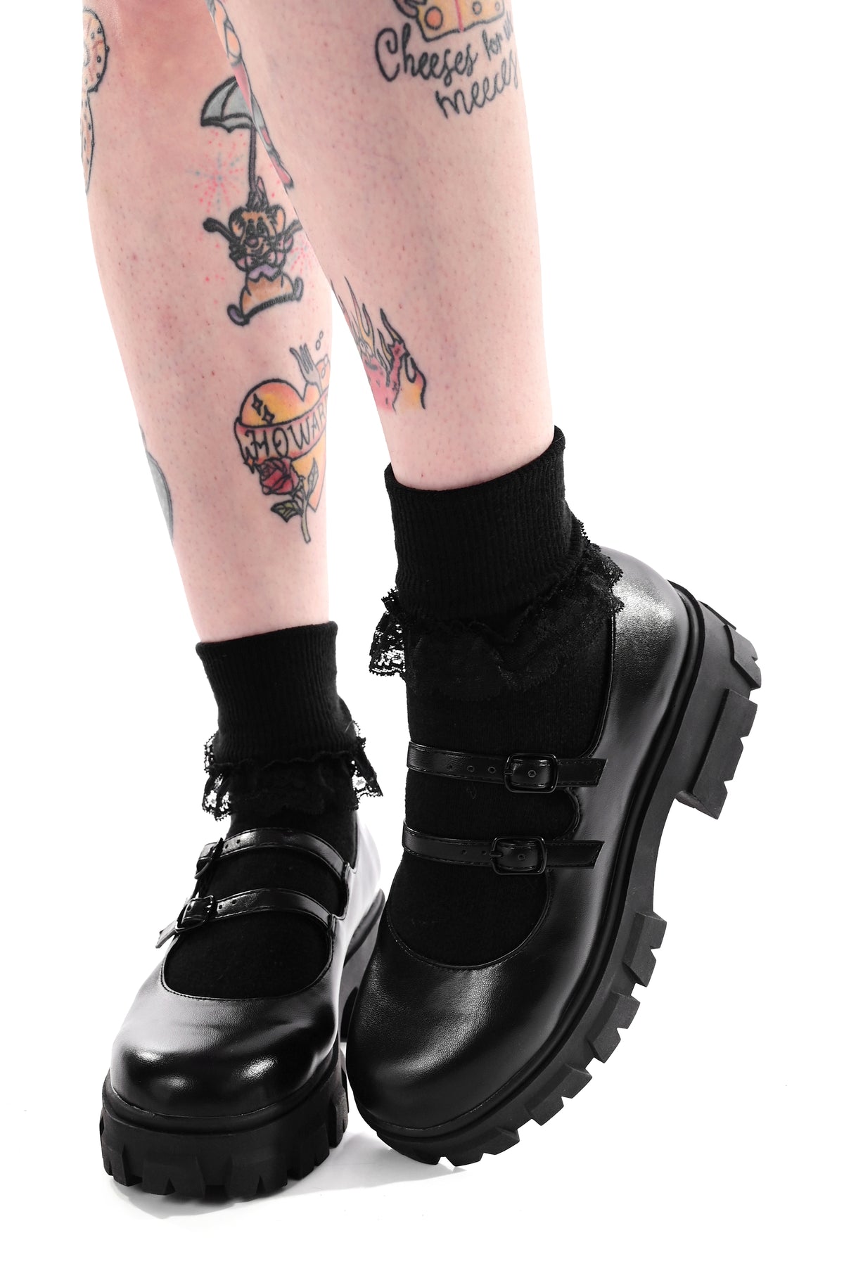black vegan leather chunky platform mary janes with 2 straps and black adjustable buckles