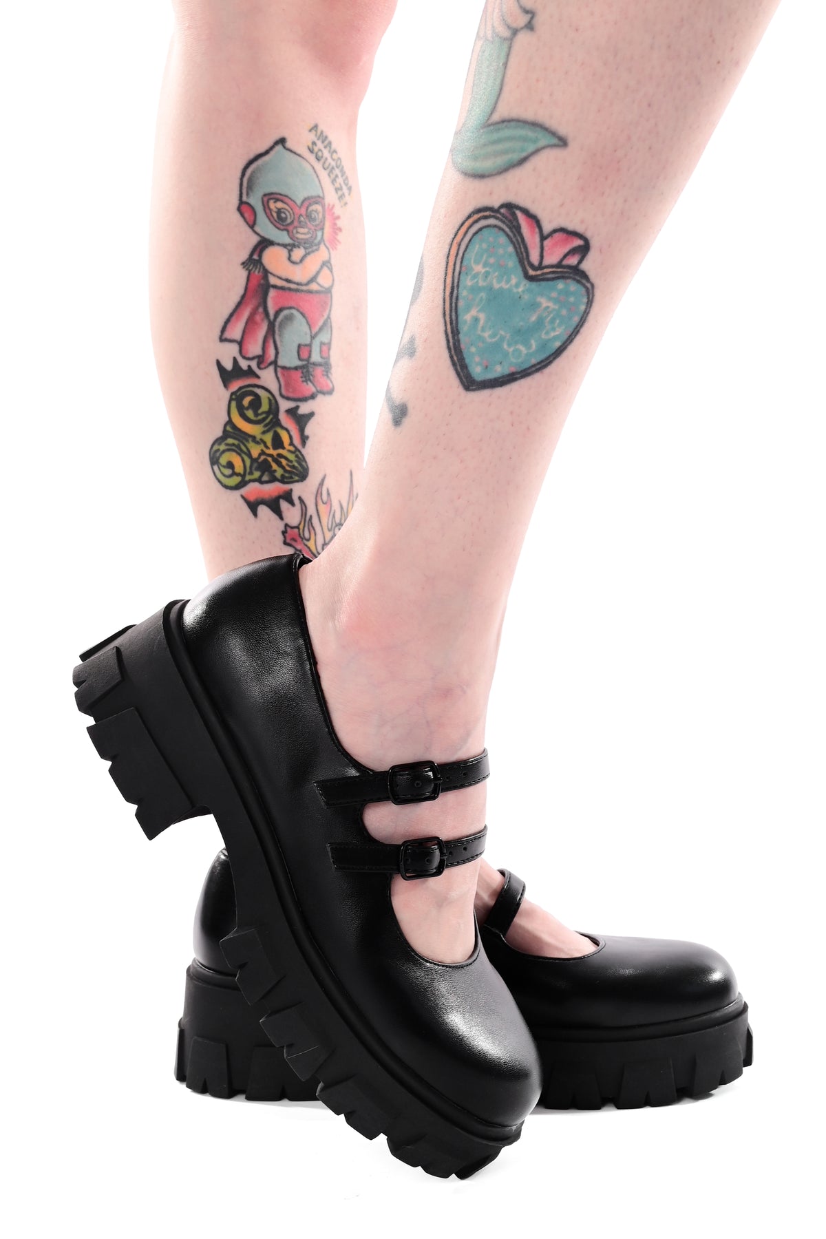 black vegan leather chunky platform mary janes with 2 straps and black adjustable buckles