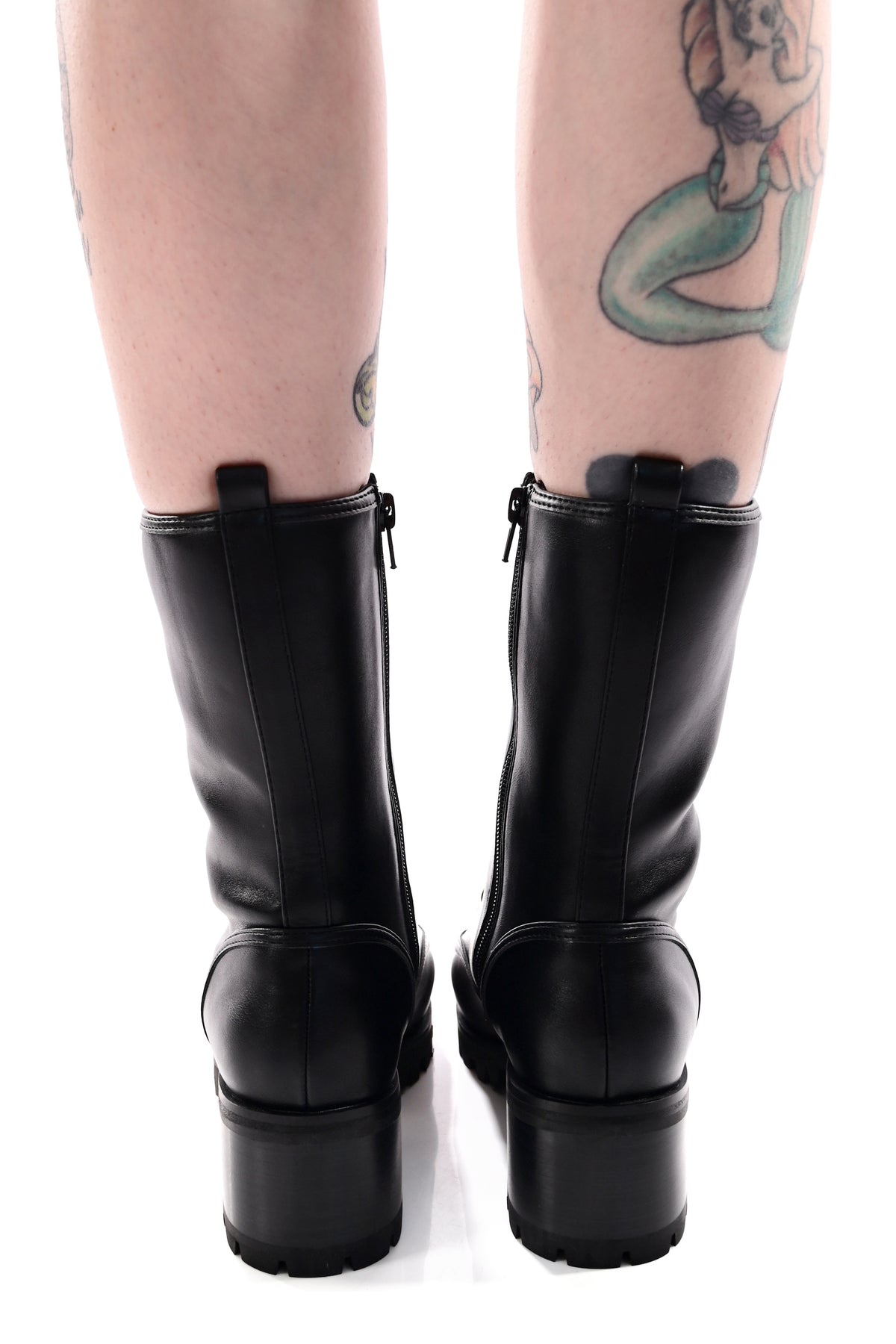 black vegan leather pointed toe boots with lace up front and chunky sole