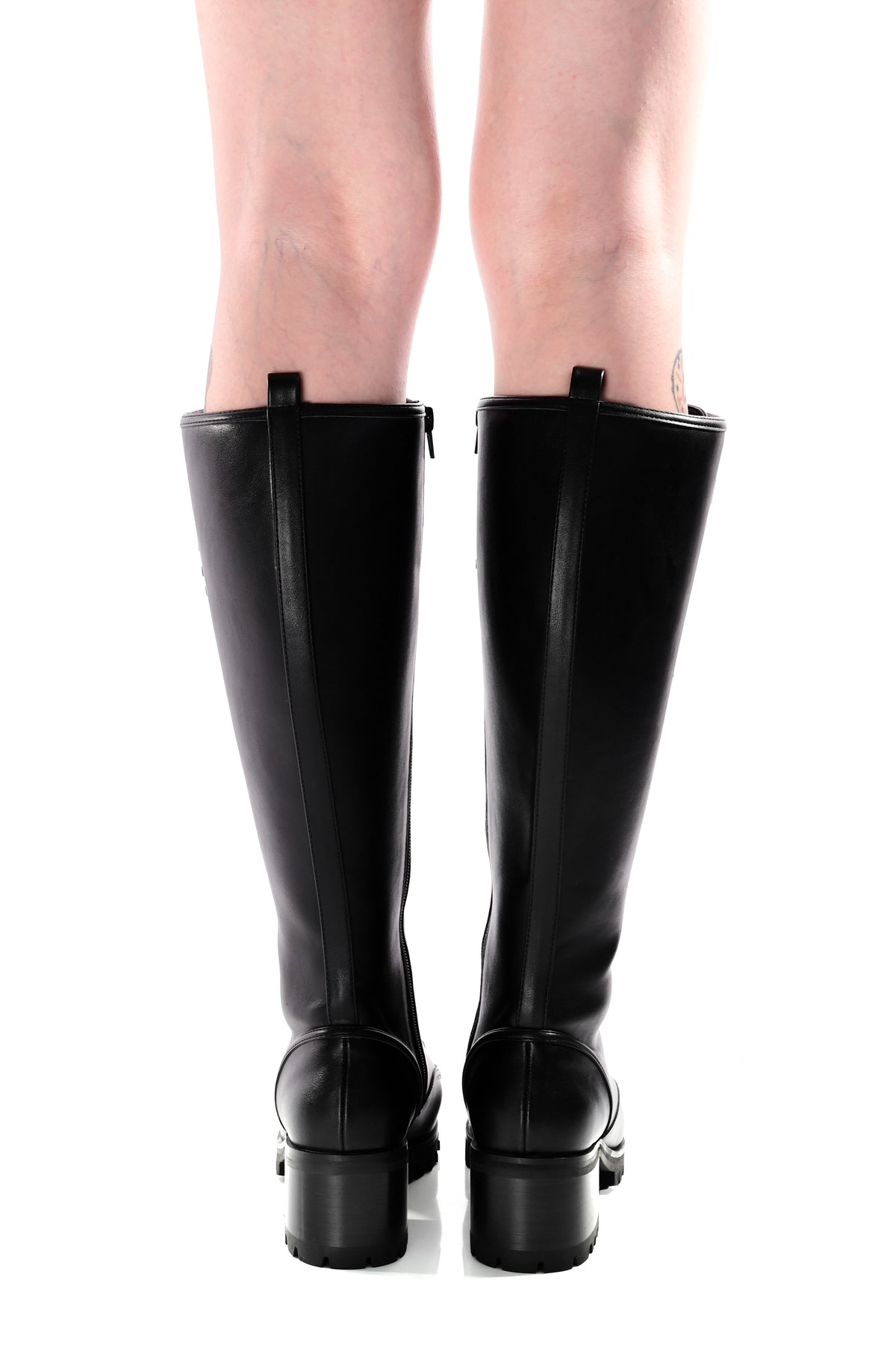 black vegan leather pointed toe knee high boots with lace up front and chunky sole