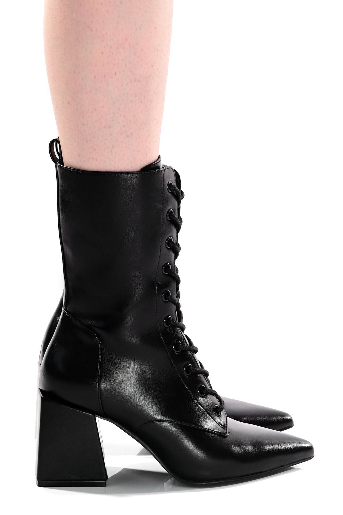 black vegan leather pointed toe boots with lace up front and squared off heel