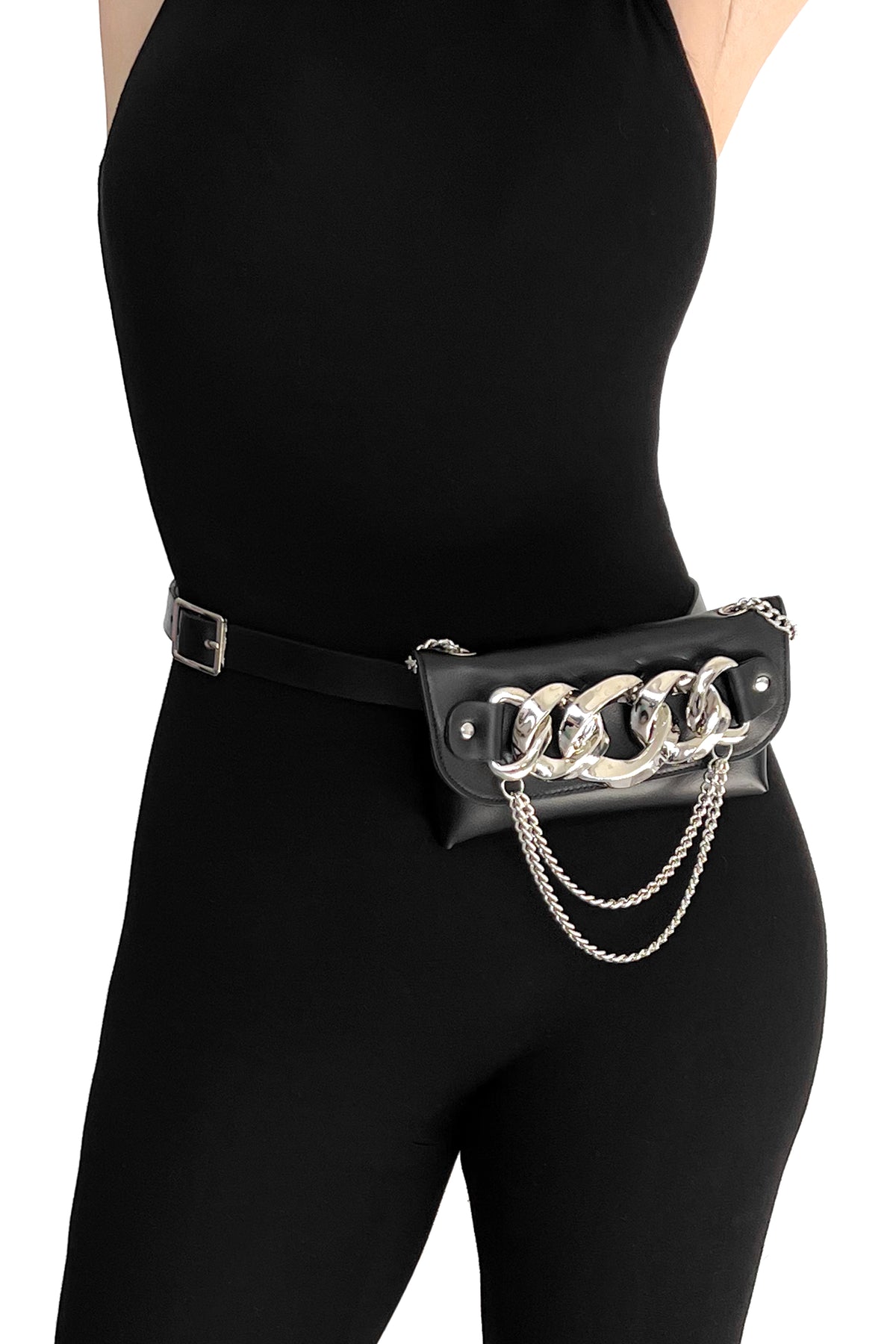 black faux leather bag with chunky chain front detail, tiered chain detail attached to a detachable belt