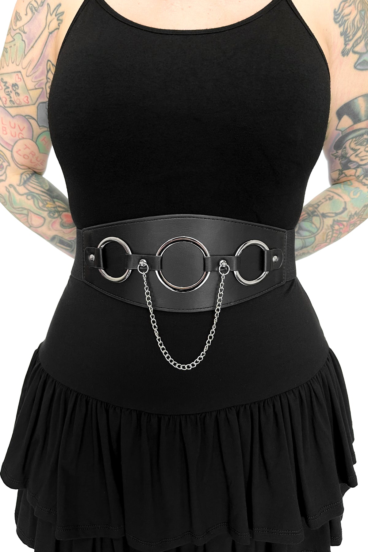 black faux leather belt with 3 silver rings and hanging silver chain