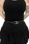 black faux leather belt with layered silver buckle