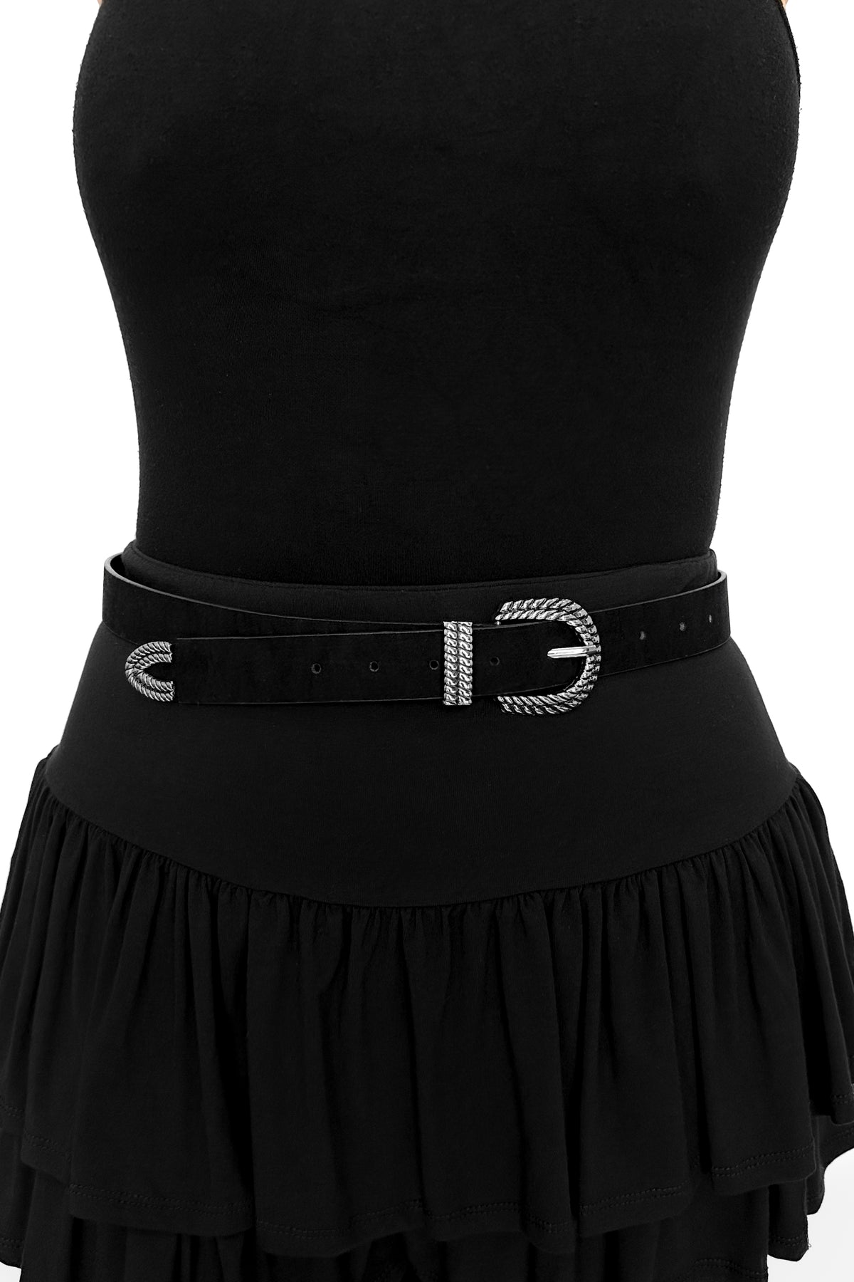 black flocked faux leather belt with braided silver metal buckle
