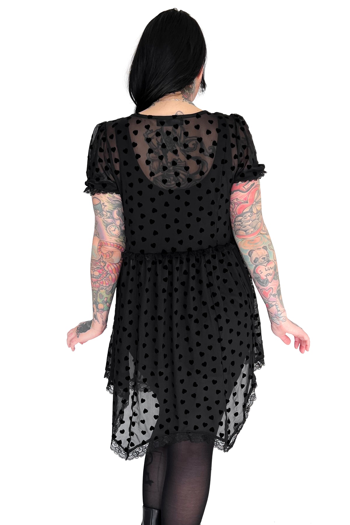 black mesh babydoll dress with flocked black hearts and lace trim