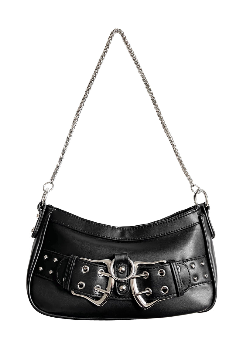 black vegan leather shoulder bag with chain strap and front buckle details