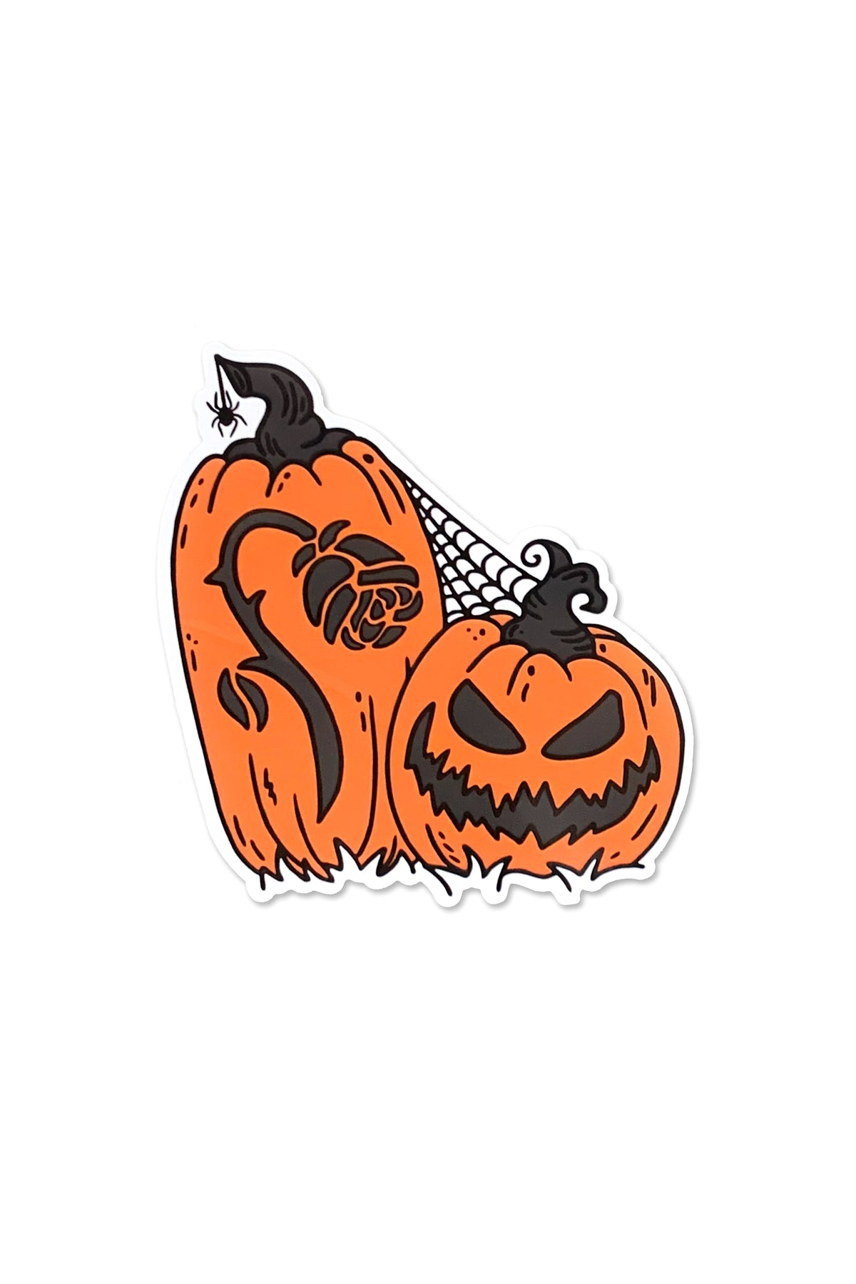 sticker with 2 carved jackolanterns, one with foxblood rose logo and one with pumpkin face