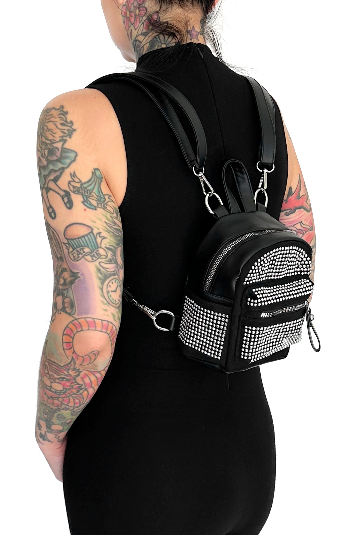 black vegan leather mini backpack with silver rhinestone studs all over