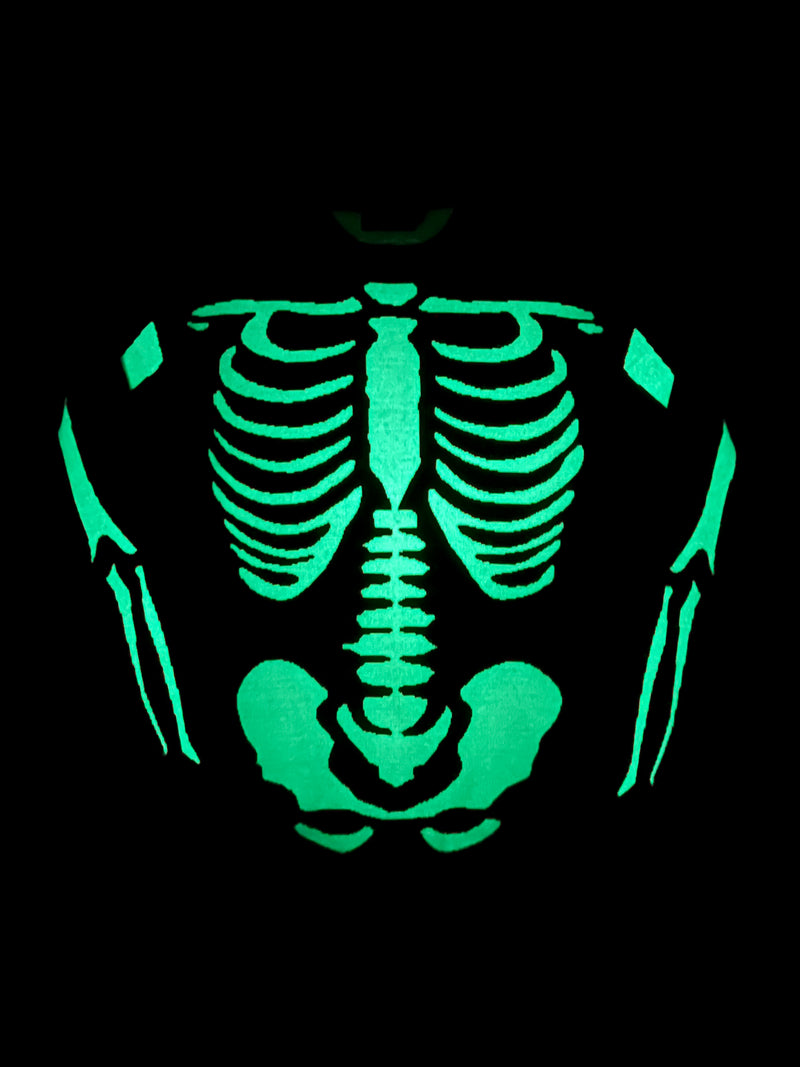 black sweater with orange and glow in the dark white skeleton print on front and back