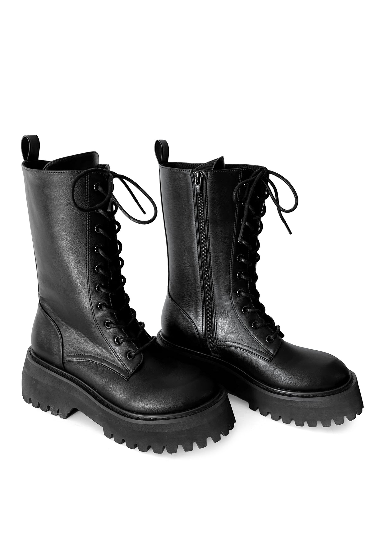 black vegan leather combat boot with chunky sole