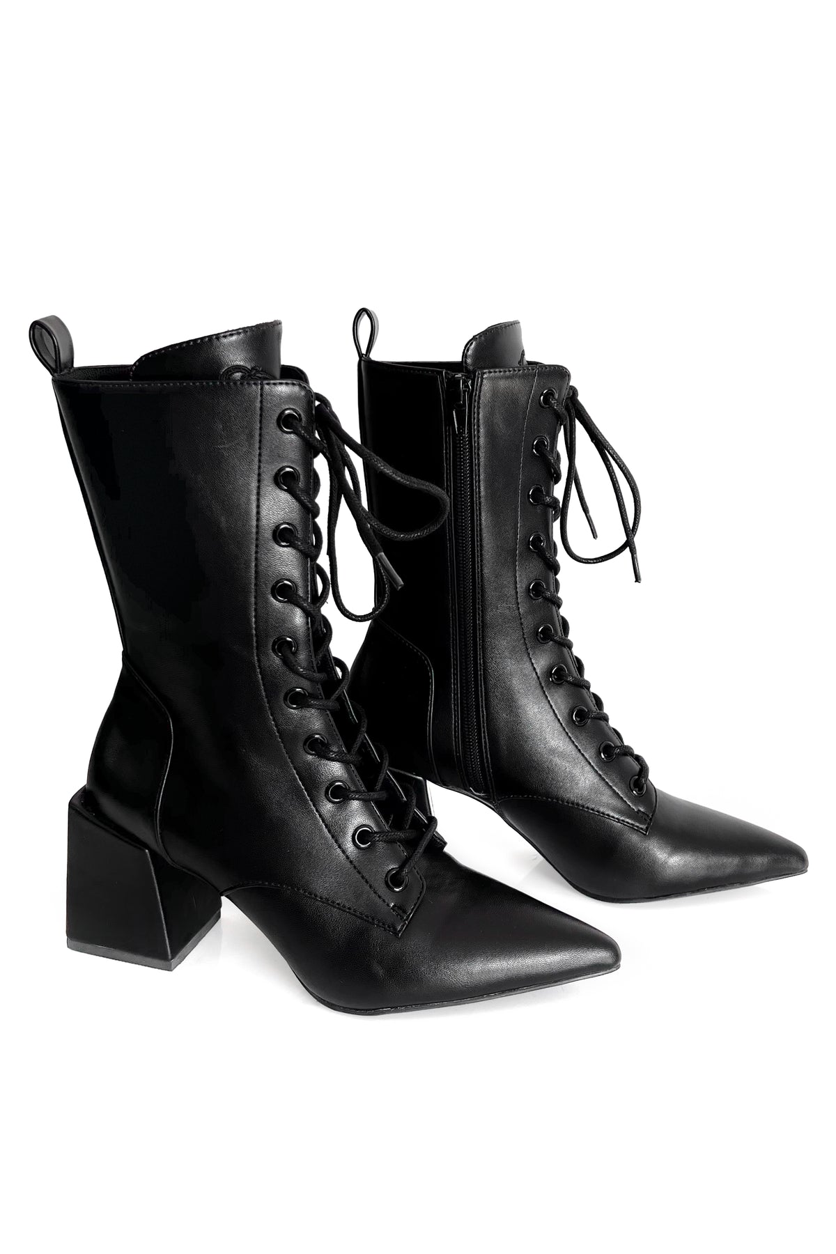 black vegan leather pointed toe boot with squared off heel