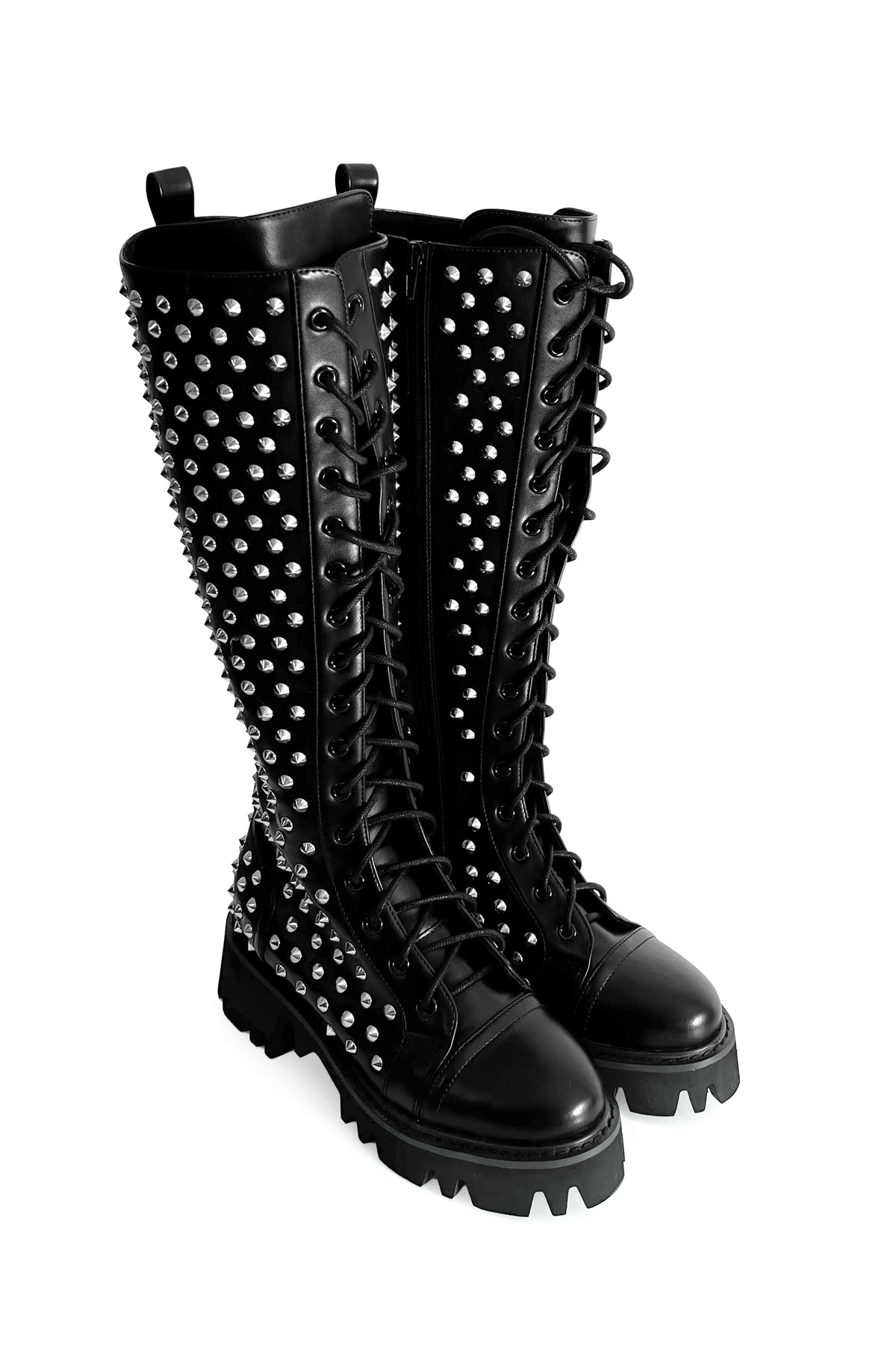 black vegan leather knee high boots covered in silver cone studs