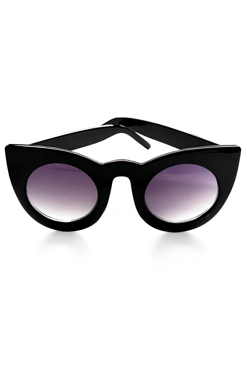 black oversized cat eye sunglasses with foxblood in white on the arm