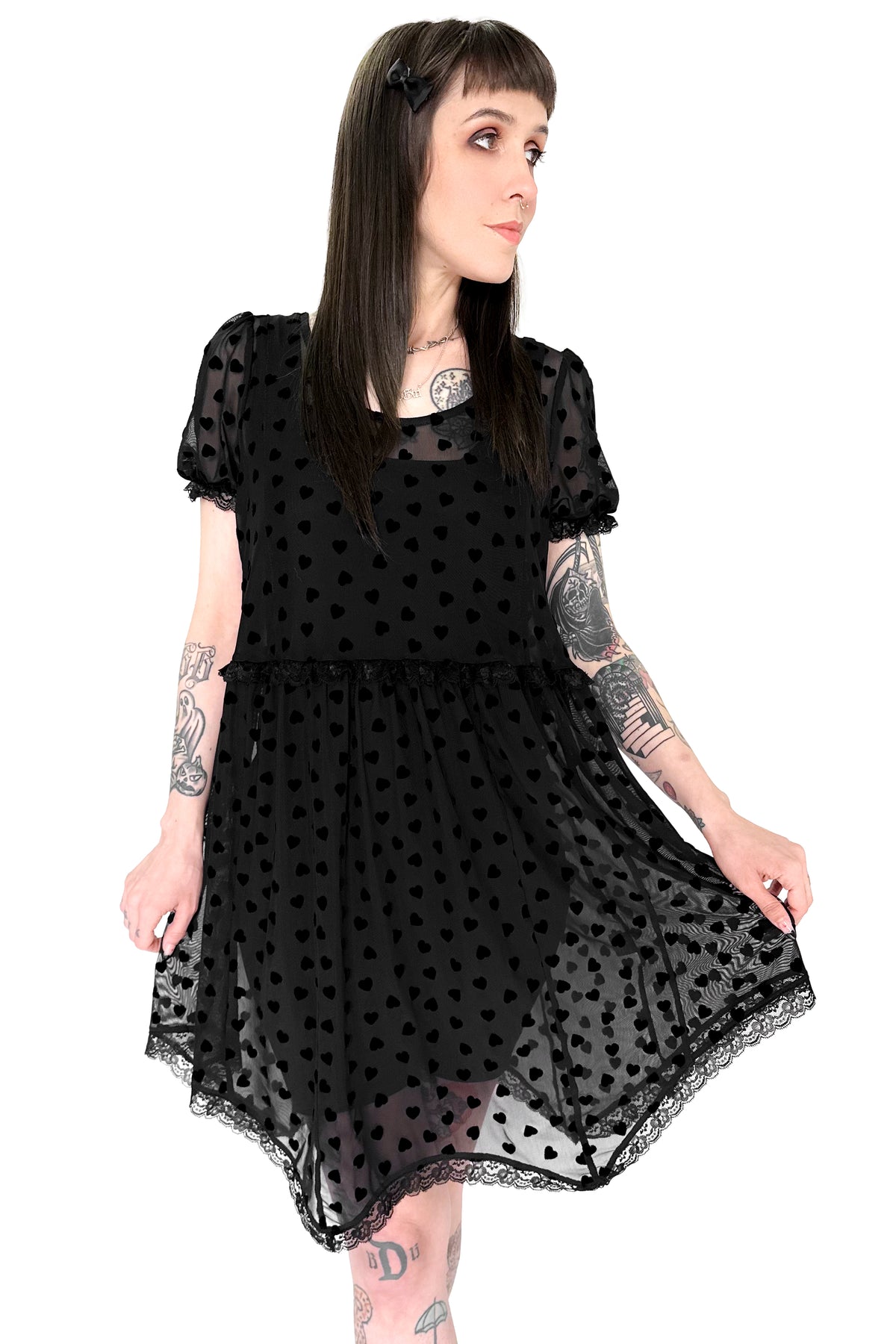 black mesh babydoll dress with flocked black hearts and lace trim
