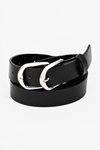 black faux leather belt with layered silver buckle