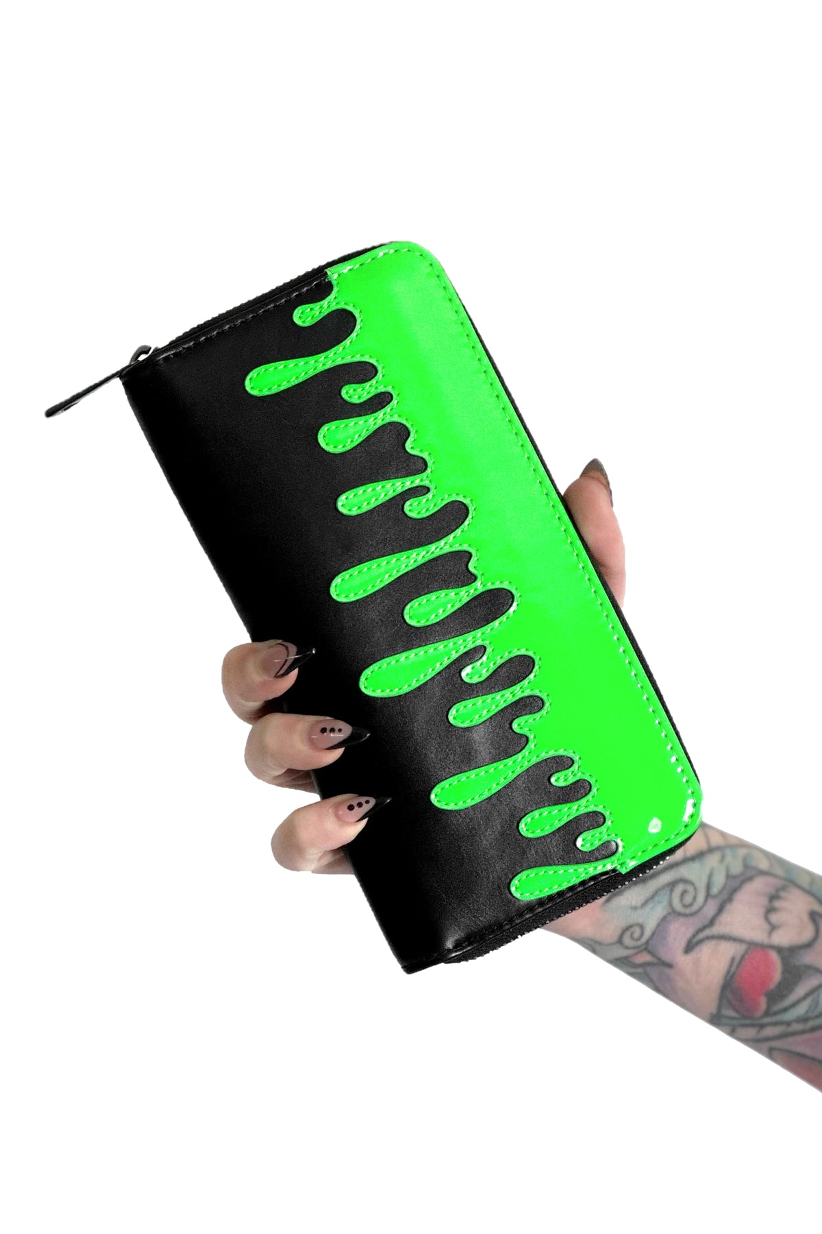 black vegan leather zip around wallet with slime green PVC overlay design