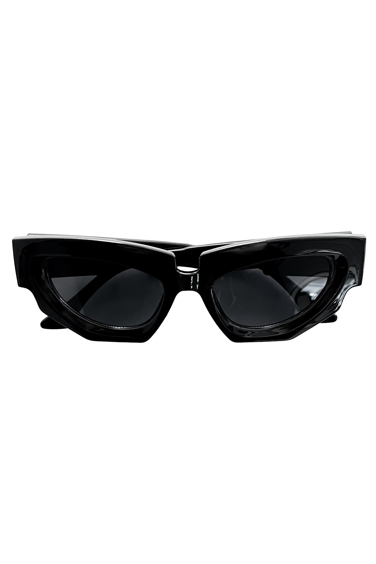 Slightly oversized black cat eye sunglasses with thick frames