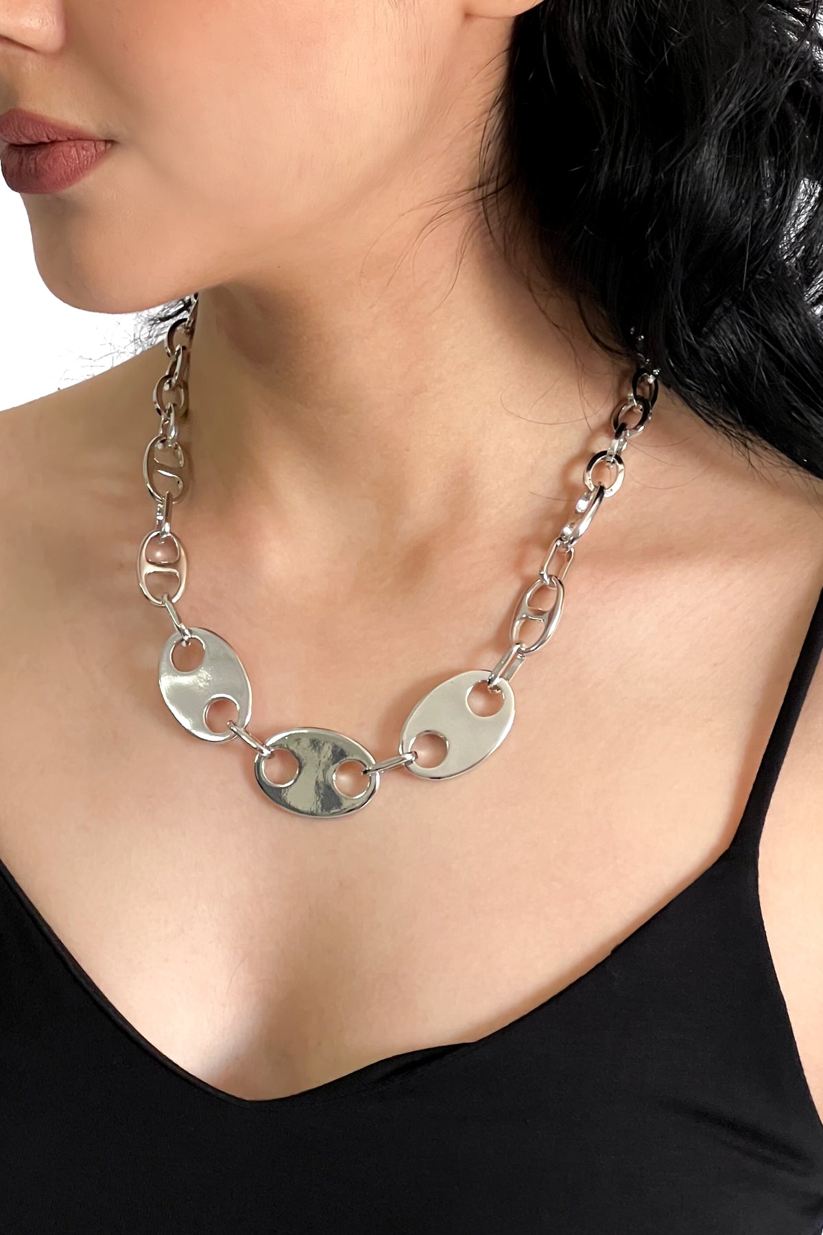 silver chain necklace with 3 chunky silver pendants
