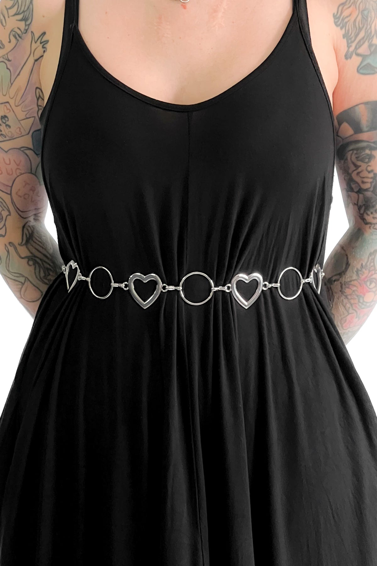 silver plated heart and o-ring chain belt