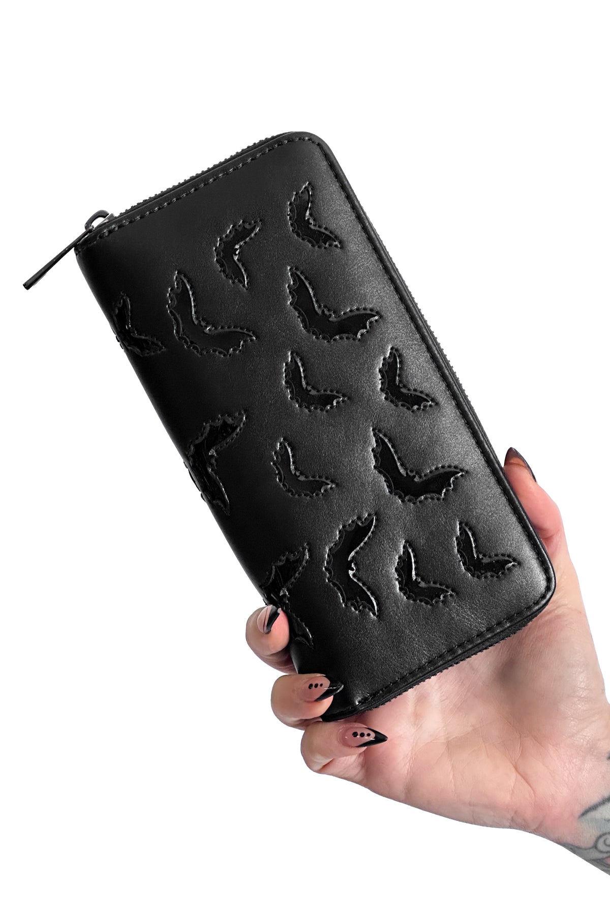 black vegan leather zip around wallet with black PVC bats underlay design