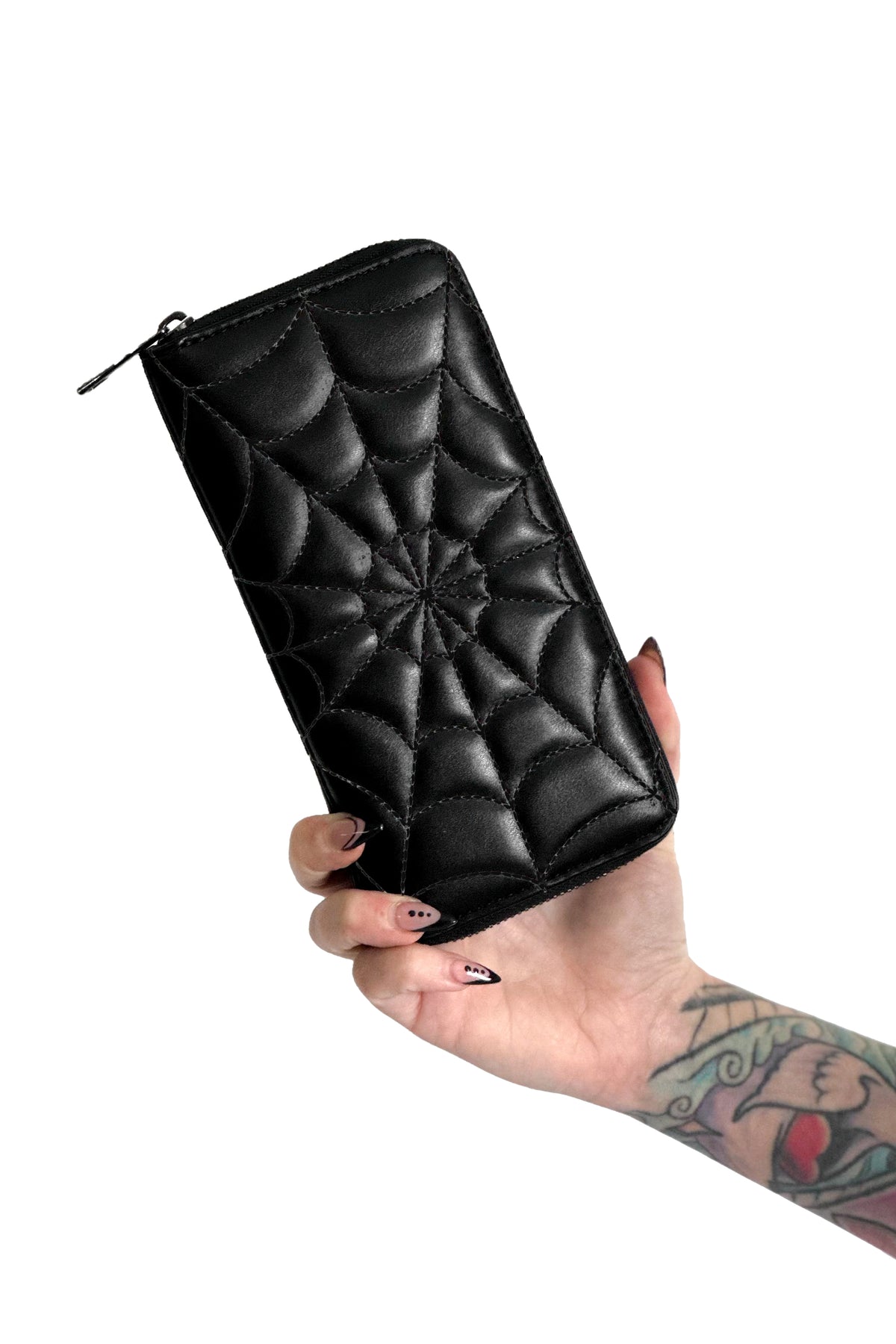 black vegan leather zip around wallet with black spiderweb stitched design