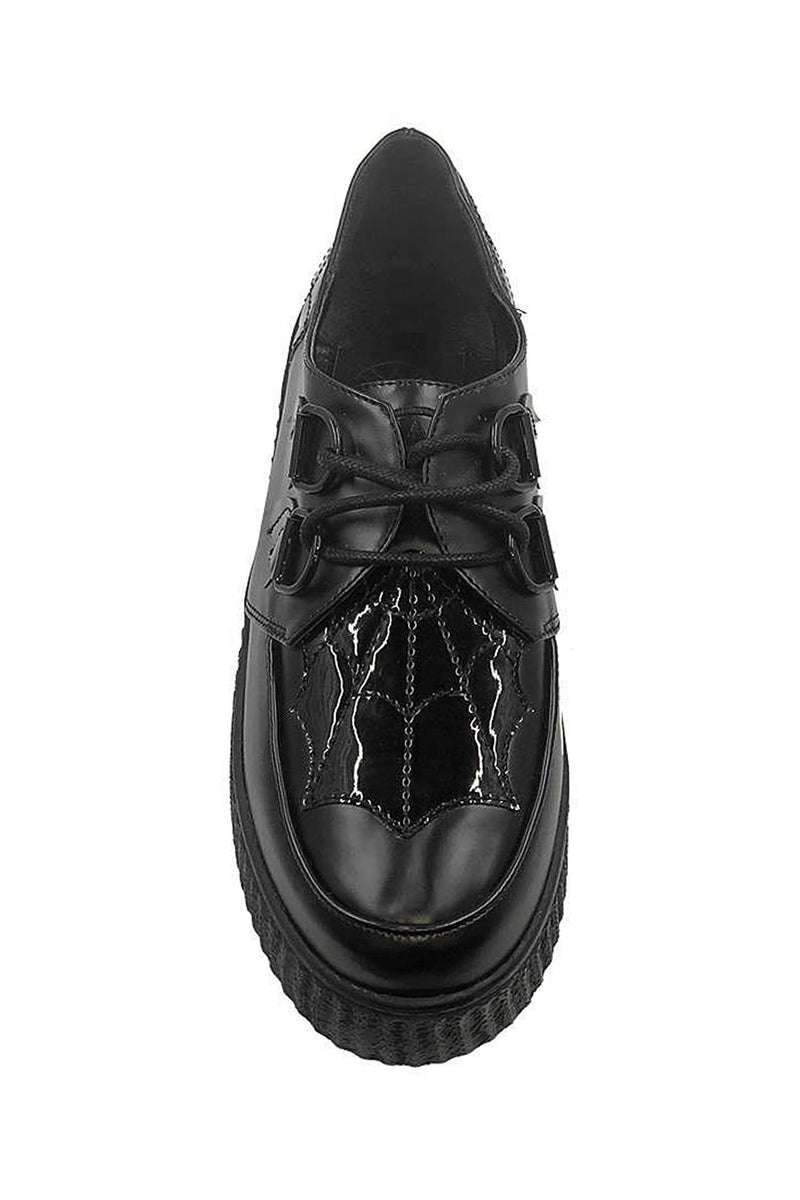 black creeper shoes with spiderweb on front