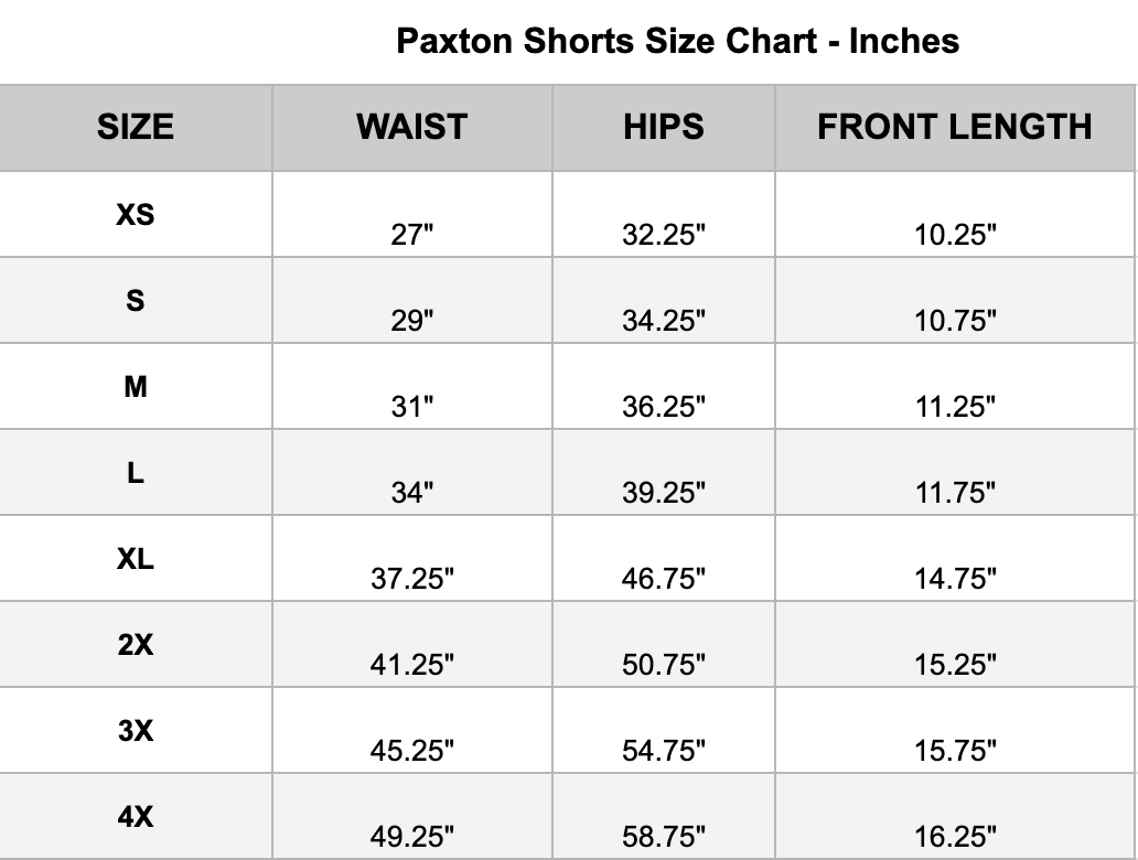 paxton shorts size chart
