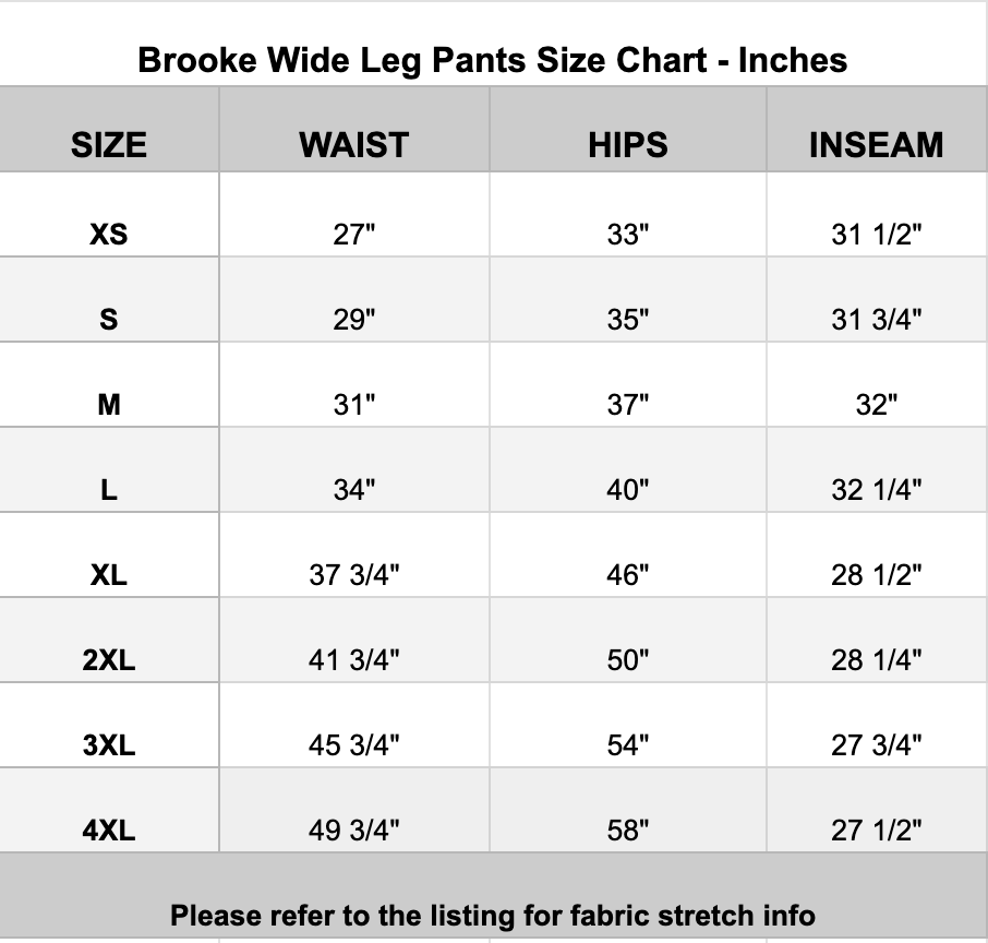 brooke wide leg pants size chart