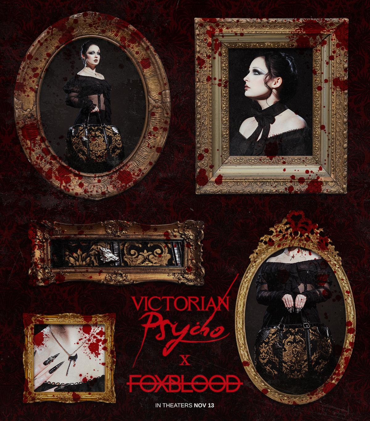 Victorian Psycho movie collaboration with Foxblood. Vintage gold frames hang on a dark red wall. The frames all show off the collection pieces, a carpet bag, a necklace, and two bow chokers