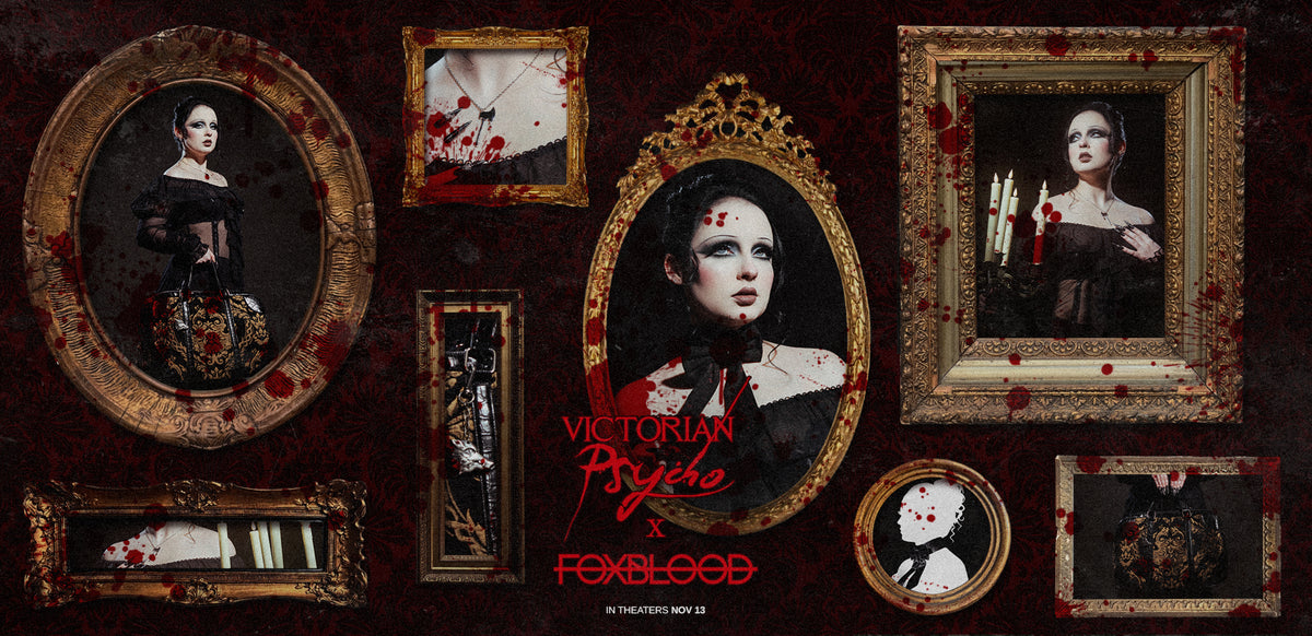 Victorian Psycho movie collaboration with Foxblood. Vintage gold frames hang on a dark red wall. The frames all show off the collection pieces, a carpet bag, a necklace, and two bow chokers