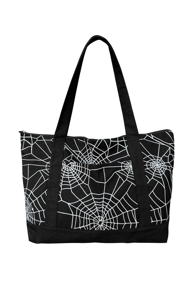 black zipper tote with all over cobweb print