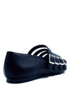 black vegan leather flat shoes with four straps with metal buckles