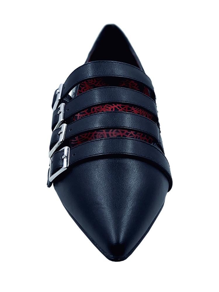 black vegan leather flat shoes with four straps with metal buckles and a red design inner lining 