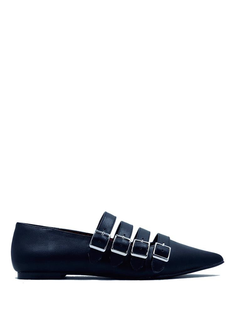 black vegan leather flat shoes with four straps with metal buckles
