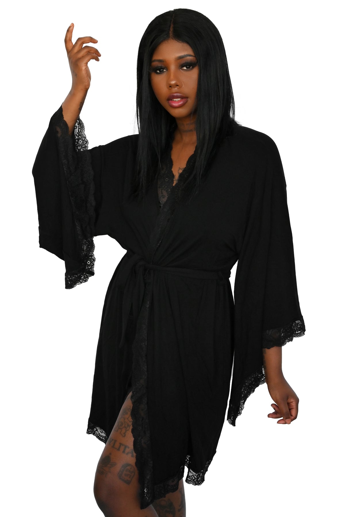 short black robe with lace trim and waist tie