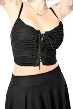 ruched crop top with corset style front detail and spaghetti style adjustable straps