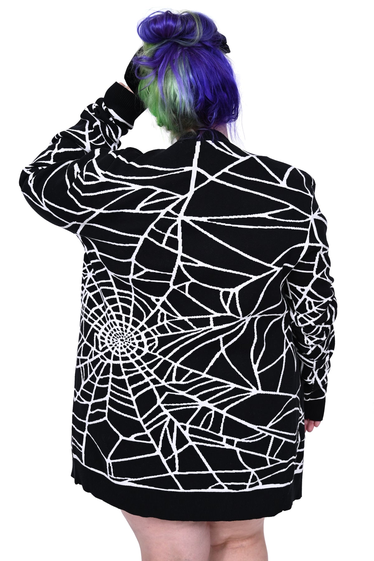 black unisex cardigan with all over white spider web design