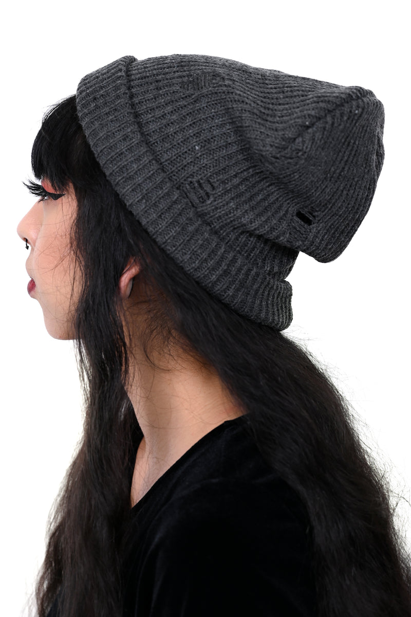 Slouchy Knit Distressed Beanie - Charcoal