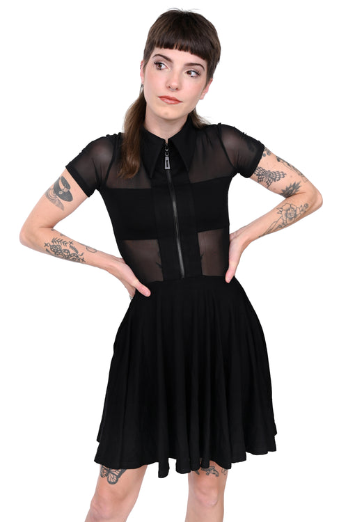 black zip up skater dress with black cross on mesh