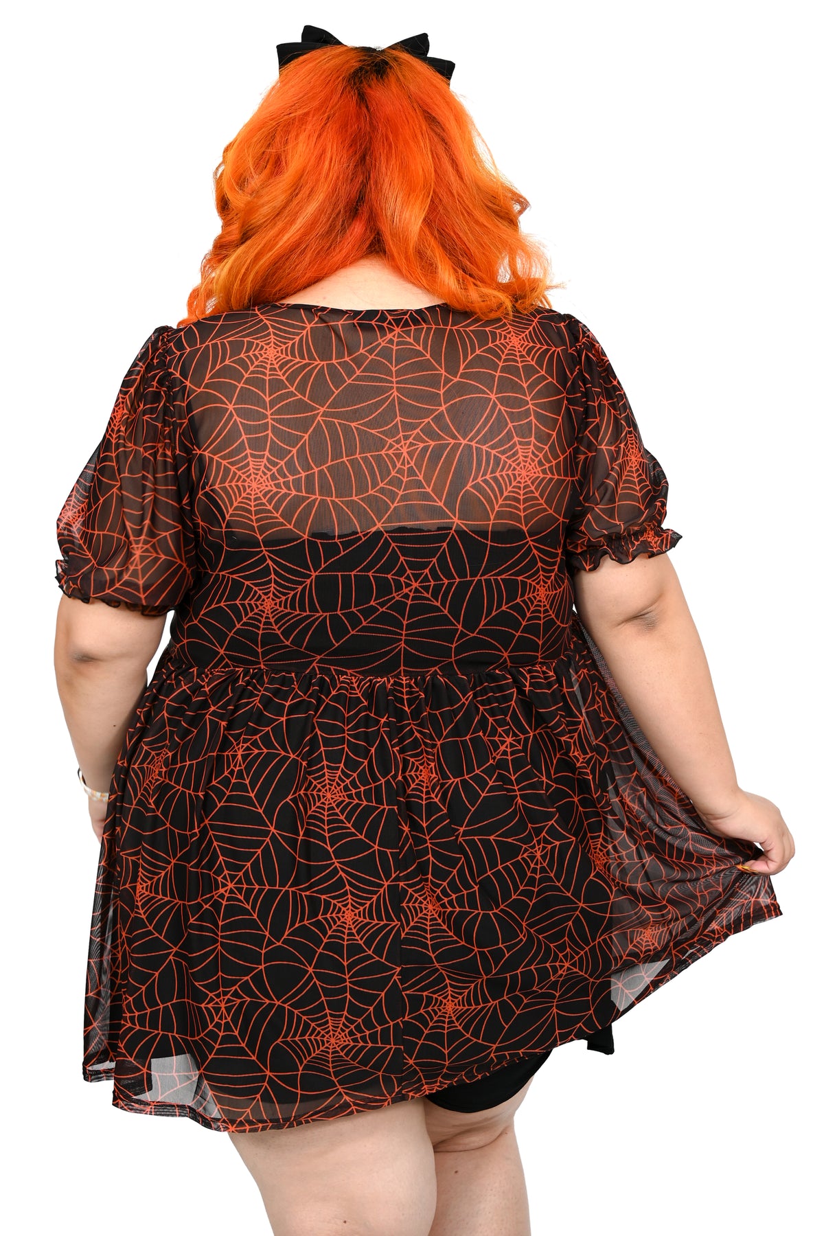 Black sheer mesh dress with custom orange spiderwebs